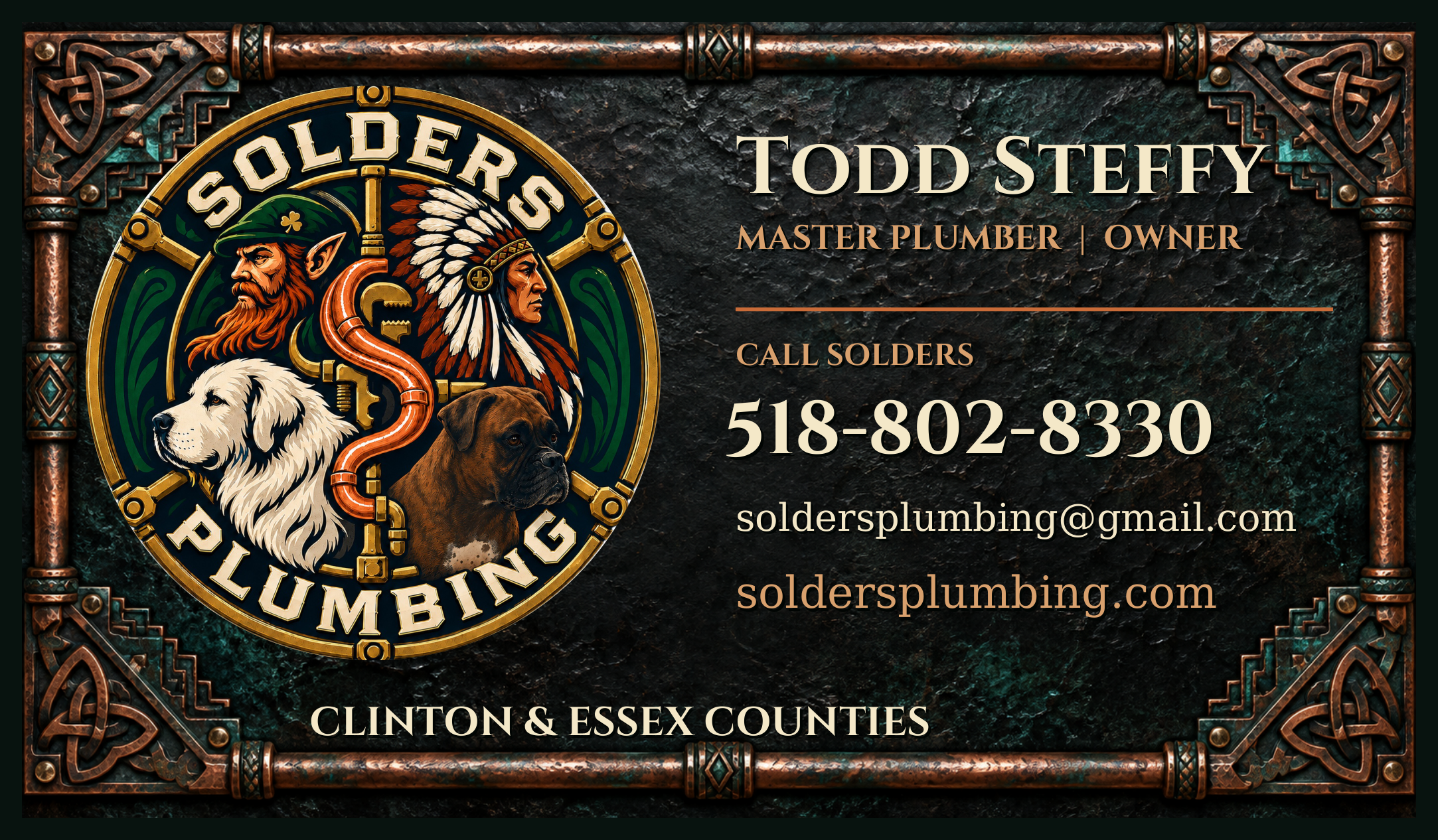 Solders Plumbing emblem with two plumbers, a Great Pyrenees, and a boxer